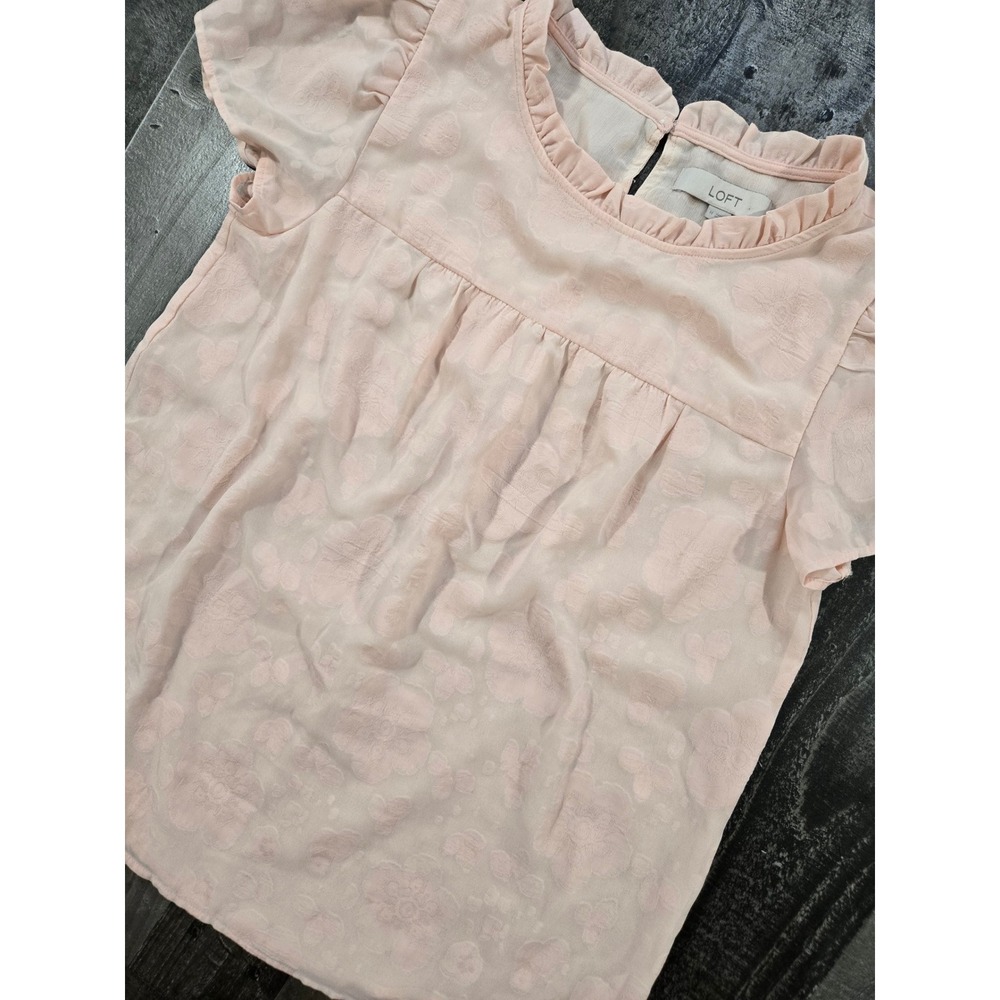 Loft Pink Floral Burnout Textured Ruffle Neck Blouse Short Sleeve Babydoll Top M